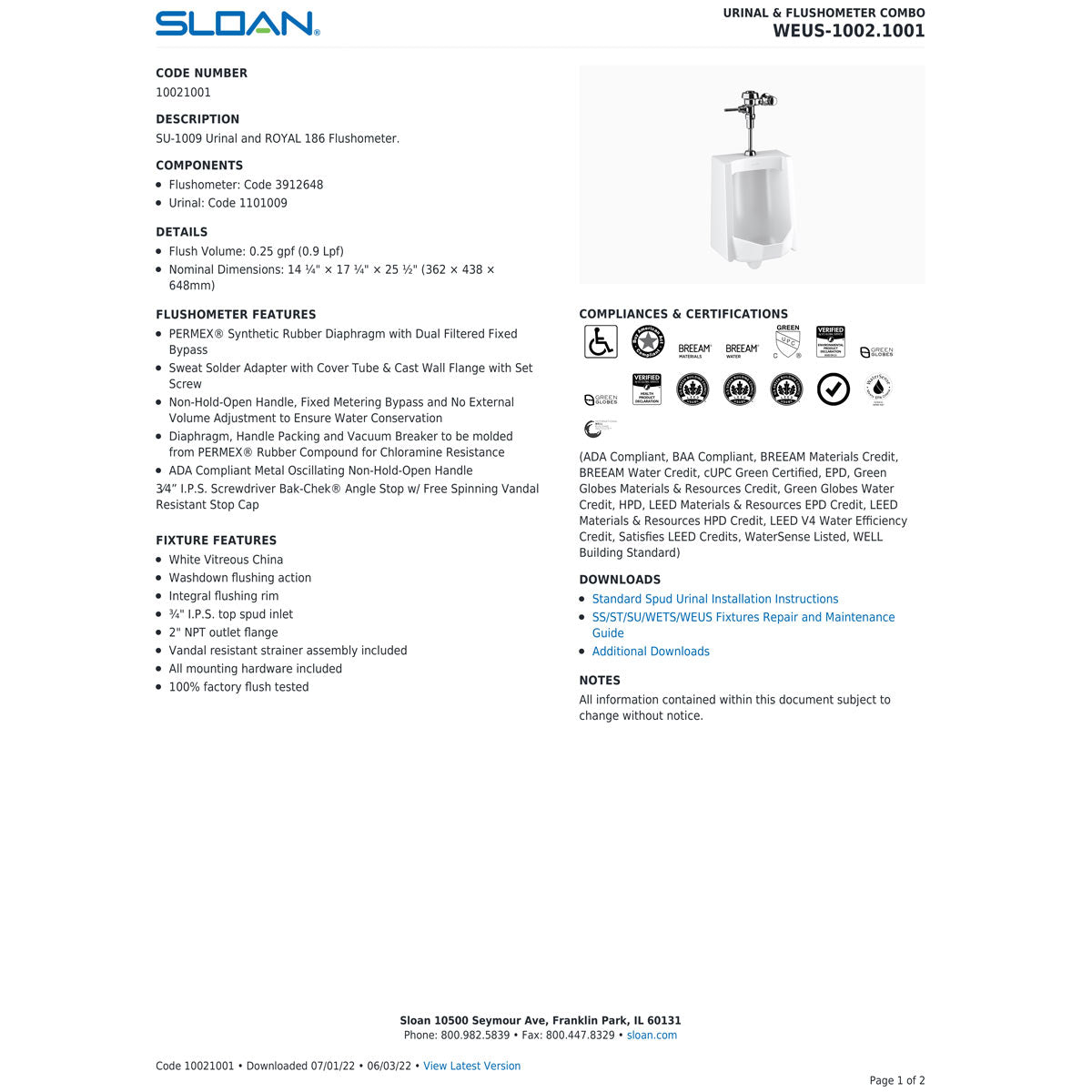 Sloan WEUS1002.1001 Washdown Wall Hung Urinal, 0.25 Gallons per Flush