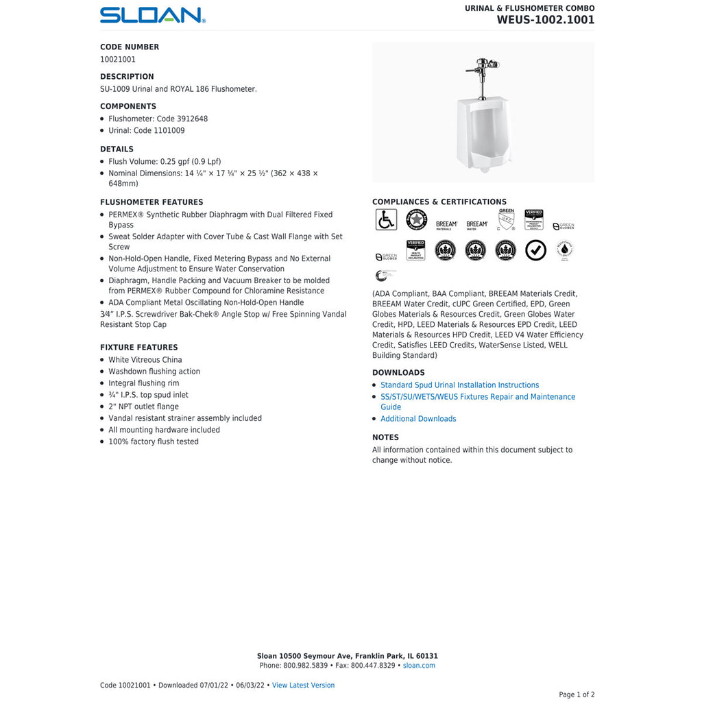 Sloan Washdown Wall Hung Urinal, 0.25 Gallons per Flush, 27"H x 17