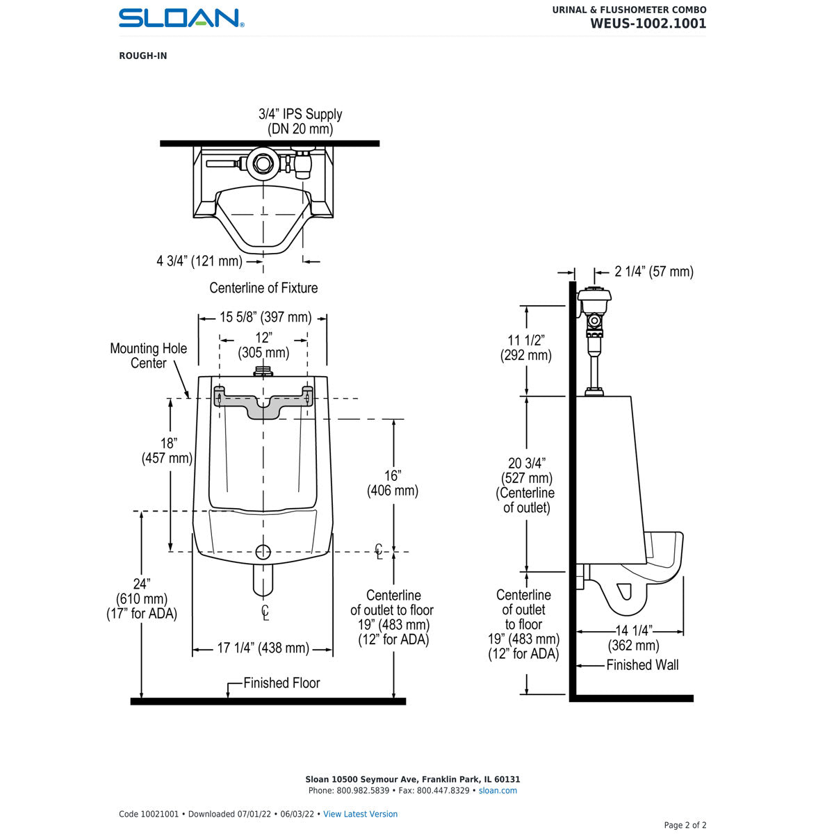Sloan WEUS1002.1001 Washdown Wall Hung Urinal, 0.25 Gallons per Flush