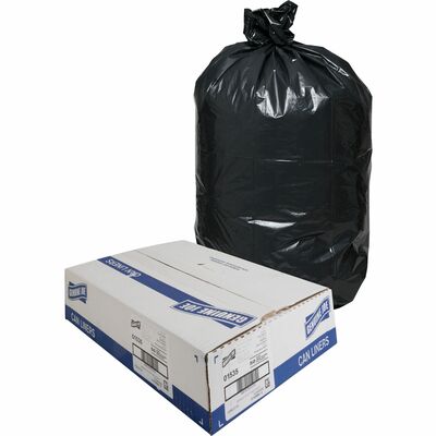 Genuine Joe GJO01535 Heavy-Duty Trash Can Liners, 60 gal Capacity, 56" L x 39" W x 1.50 mil (38 Micron) Thickness, Low-Density, Black, Plastic Resin, Debris, Can, Waste, 50/Box