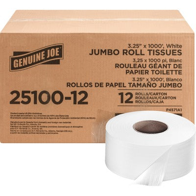 Genuine Joe GJO2510012 Jumbo Roll Bath Tissues, 2 Ply, 3.25" Width x 1000 ft Length, 9" Roll Diameter, 3 19/64" Core, White, 12/Carton
