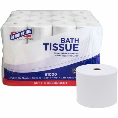 Genuine Joe GJO91000 Solutions Double Capacity Bath Tissue, 2 Ply, 1000 Sheets/Roll, 45/64" Core, White, Virgin Fiber, 36/Carton
