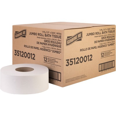Genuine Joe GJO35120012 1-ply Jumbo Roll Bath Tissue, 3.63" Width x 1200 ft Length, 8.88" Roll Diameter, White, Fiber, 12/Carton