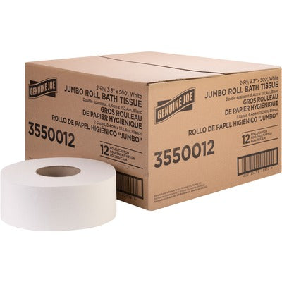 Genuine Joe GJO3550012 Jumbo Jr Dispenser Bath Tissue Roll, 2 Ply, 3.30" Width x 500 ft Length, 8.88" Roll Diameter, White, Fiber, 12/Carton