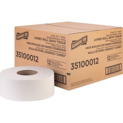 Genuine Joe GJO35100012 Jumbo Jr Dispenser Bath Tissue Roll, 2 Ply, 3.50" Width x 1000 ft Length, 8.88" Roll Diameter, White, Fiber, 12/Carton