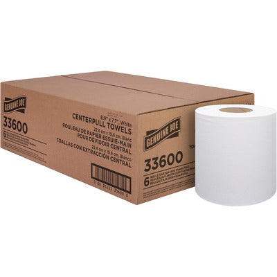 Genuine Joe GJO33600 Centerpull Towel Rolls, 8.13" Width x 7.56" Length, 600 Sheets/Roll, 3" Core, White, Virgin Fiber, 6/Carton