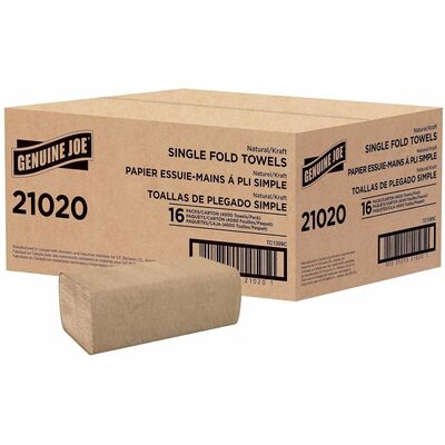Genuine Joe GJO21020 Paper Towel Single fold 250 sheets Natural, 1 Ply, Singlefold, 10.25" Width x 9.10" Length, embossed design, Fiber, Kraft, 250 Sheets/Pack, 16/Carton