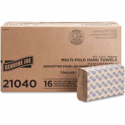 Genuine Joe GJO21040 Paper Towel Multi fold 250 sheets Natural, 1 Ply, Multifold, 9.25" Width x 9.40" Length, embossed design, Paper, Fiber, 250 Sheets/Pack, 16/Carton