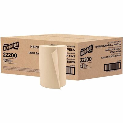 Genuine Joe GJO22200 Embossed Hardwound Roll Towels, 7.87" Width x 350 ft Length, 2" Core, Natural, 12/Carton