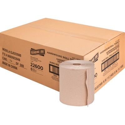 Genuine Joe GJO22600 Embossed Hardwound Roll Towels, 7.90" Width x 800 ft Length, 2" Core, Natural, 6/Carton