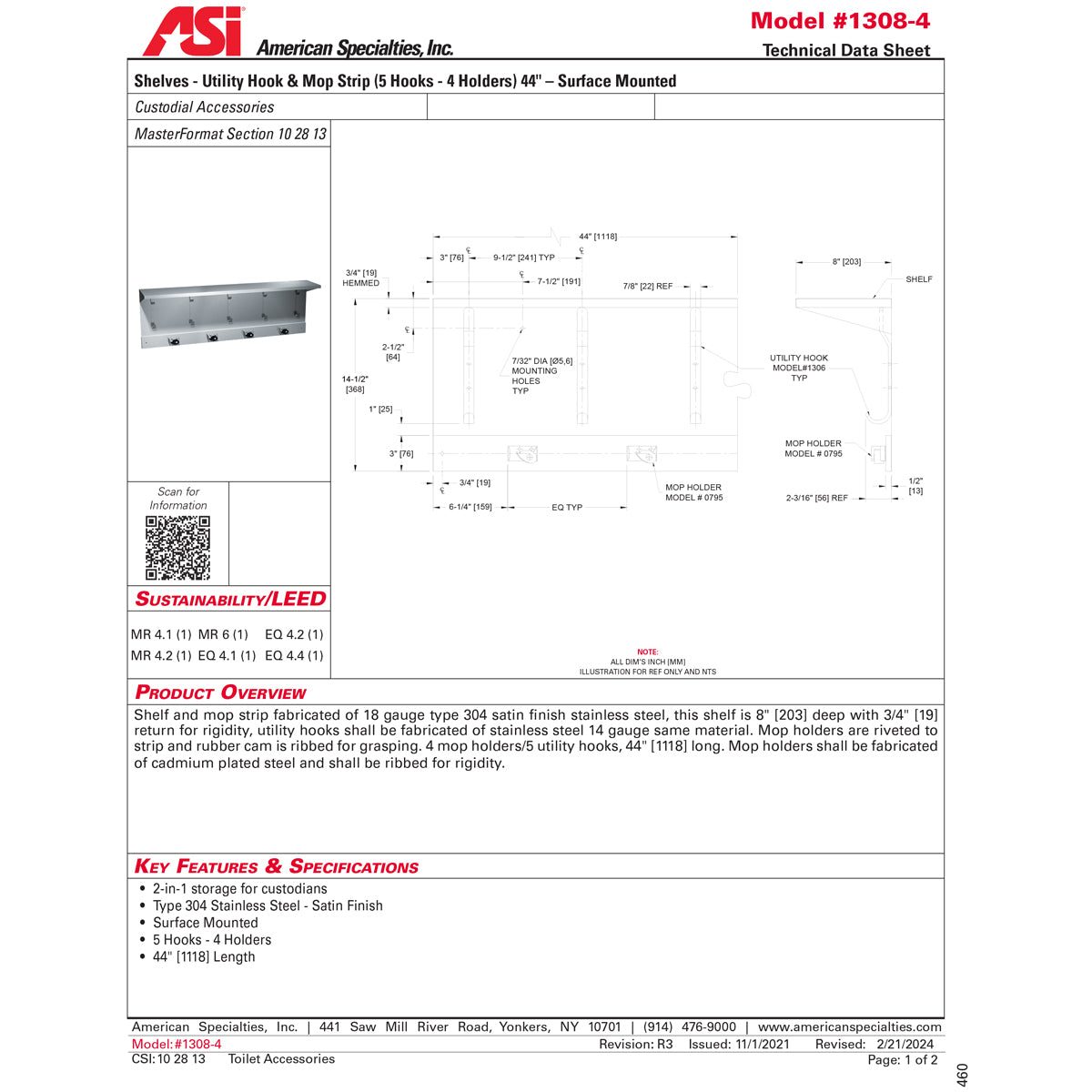 ASI 1308-4 Shelf/Utility Hook & Mop Strip - 5 Hooks, 4 Holders - 44"L - Surface Mounted