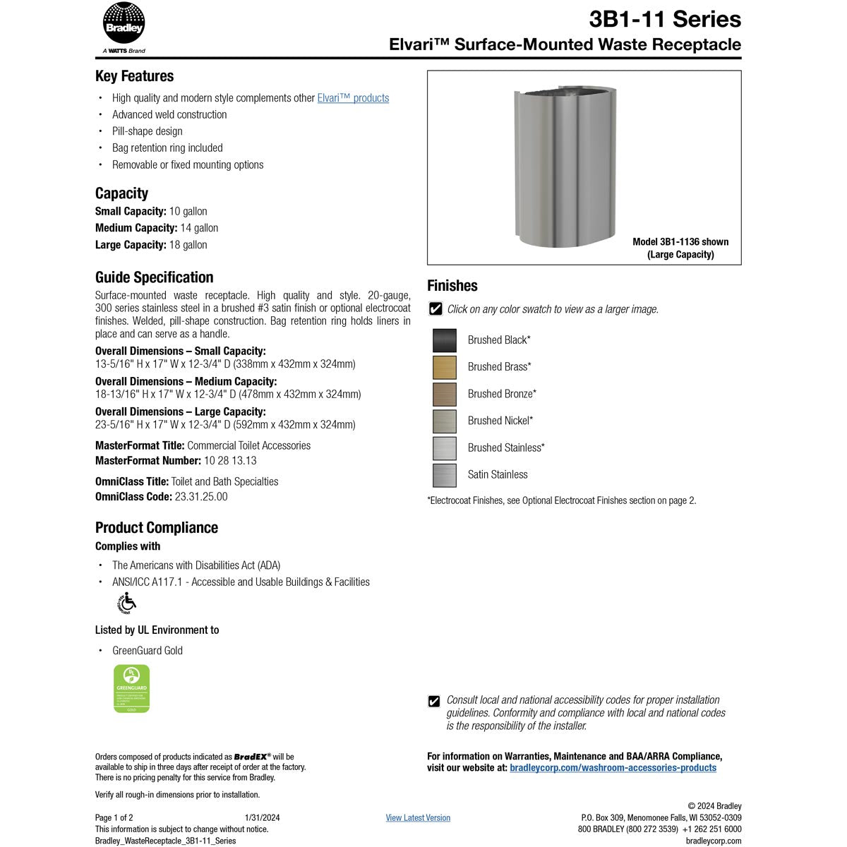 Bradley Elvari Series Waste Receptacles - Surface Mounted, Large Capacity, 18 GAL - 3B1-113600