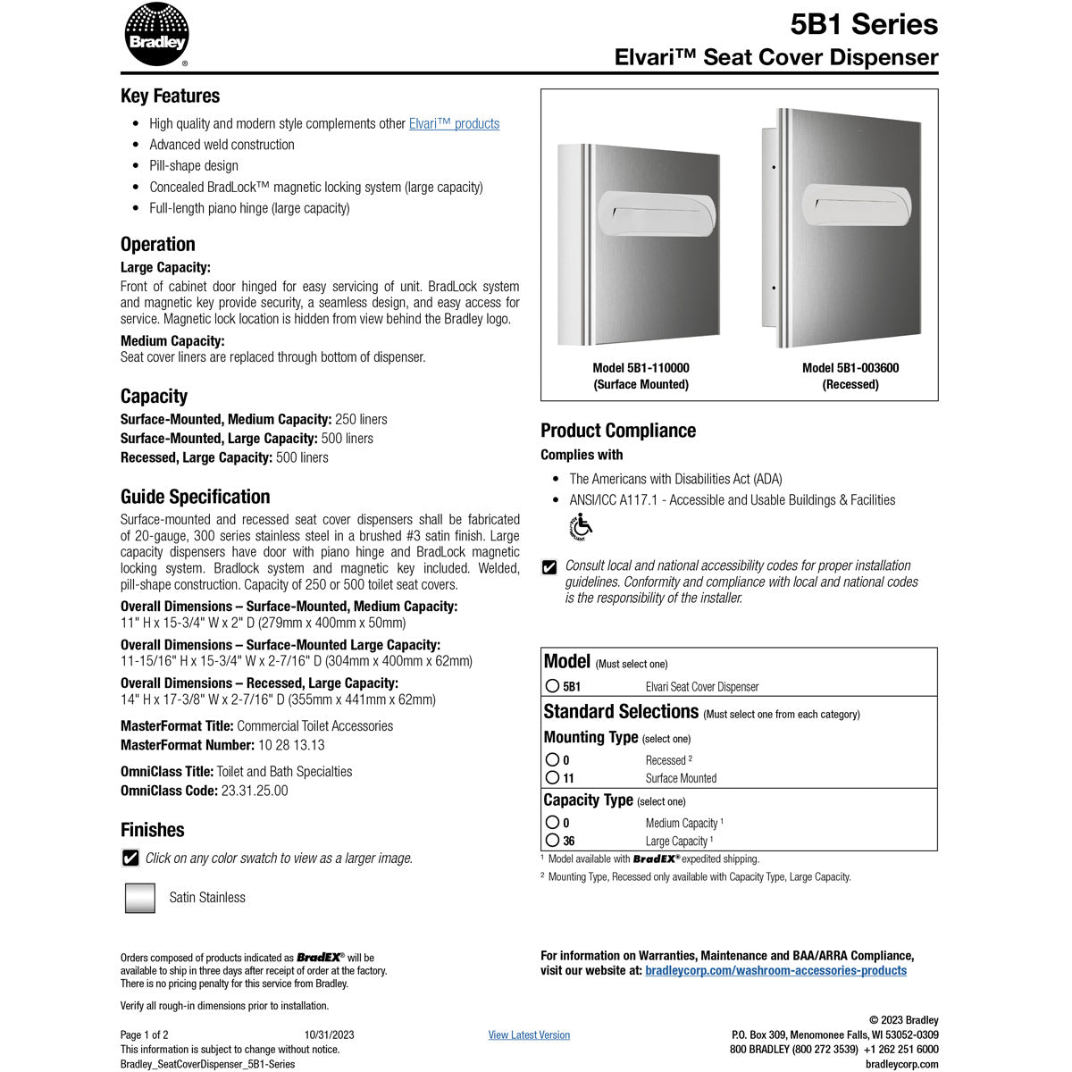 Bradley Elvari Series Seat Cover Dispenser - Surface Mounted, Large Capacity - 5B1-113600 (Classic Satin Stainless)