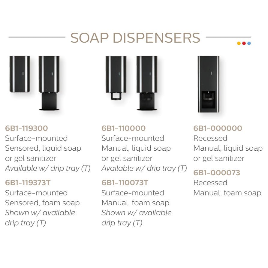 Bradley Elvari Series Liquid Soap/Gel Sanitizer Dispenser - 40oz, Surface Mounted, Drip Tray - 6B1-110000T-BR, Brushed Brass