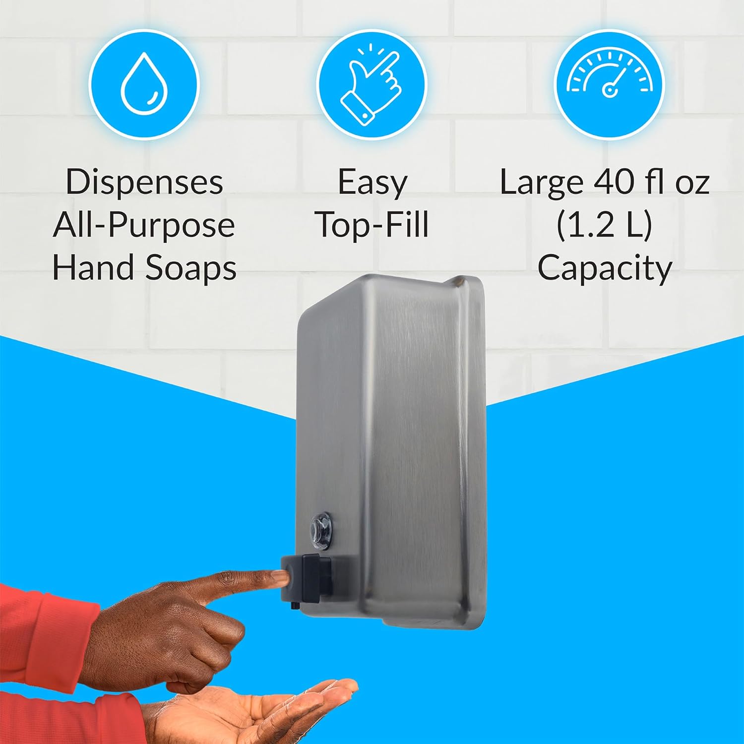 Bobrick B-2111 Commercial Liquid Soap Dispenser, Surface-Mounted, Manual-Push, Stainless Steel - 40 Oz