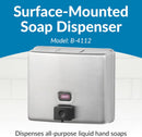 Bobrick B-4112 Commercial Soap Dispenser, Surface-Mounted, Manual-Push, Stainless Steel - 40 Oz