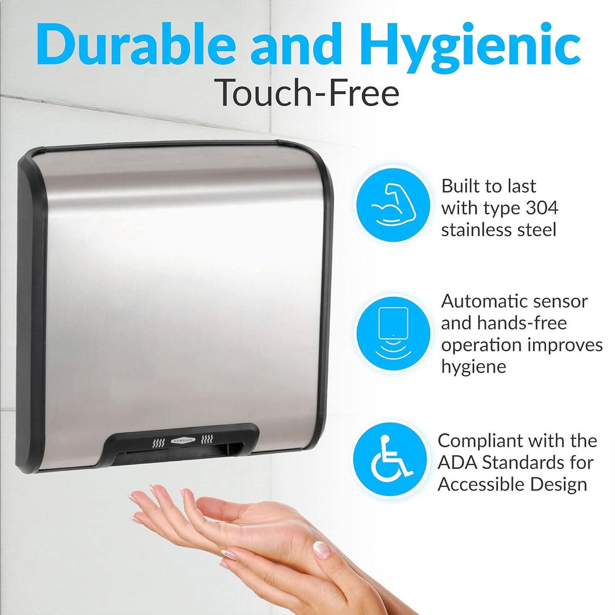 Bobrick B-7128 Automatic Hand Dryer, 115 Volt, Surface-Mounted, Stainless Steel