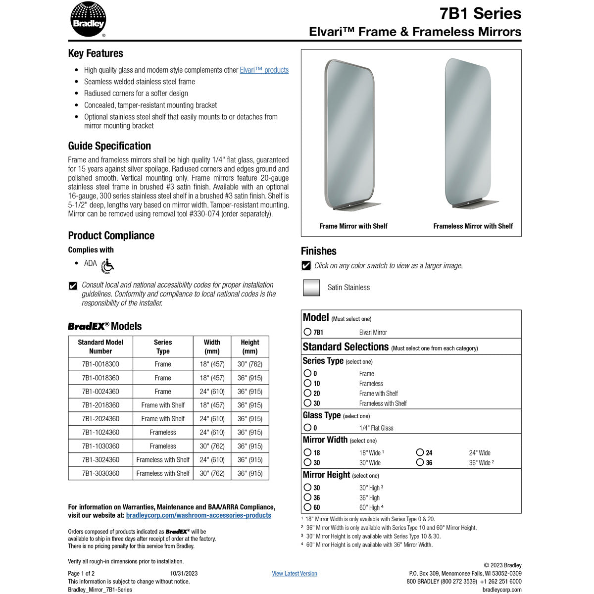 Bradley Elvari (24 x 36) Frameless Mirror, 7B1-1024360, 24"W X 36"H (Classic Satin Stainless)