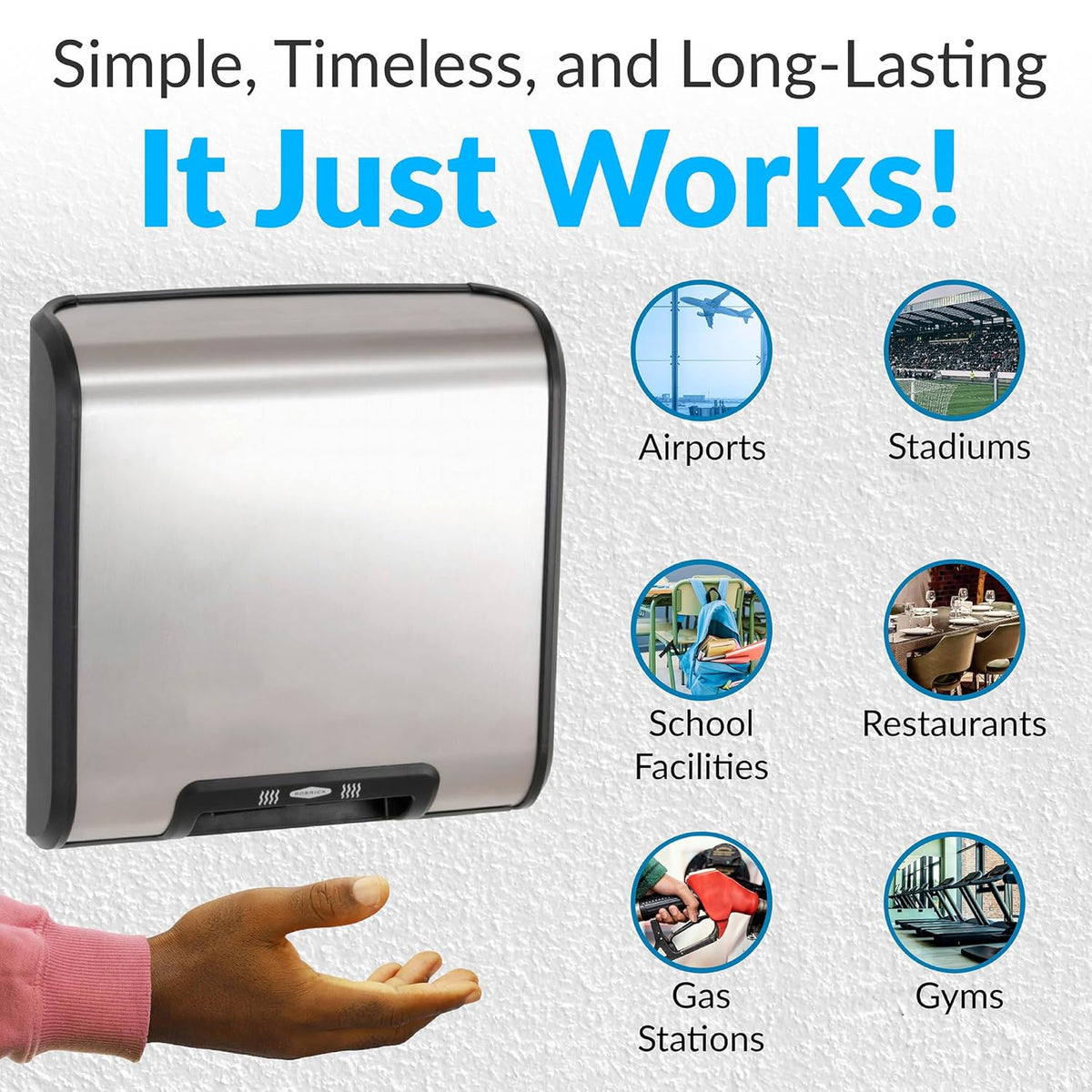 Bobrick B-7128 Automatic Hand Dryer, 115 Volt, Surface-Mounted, Stainless Steel