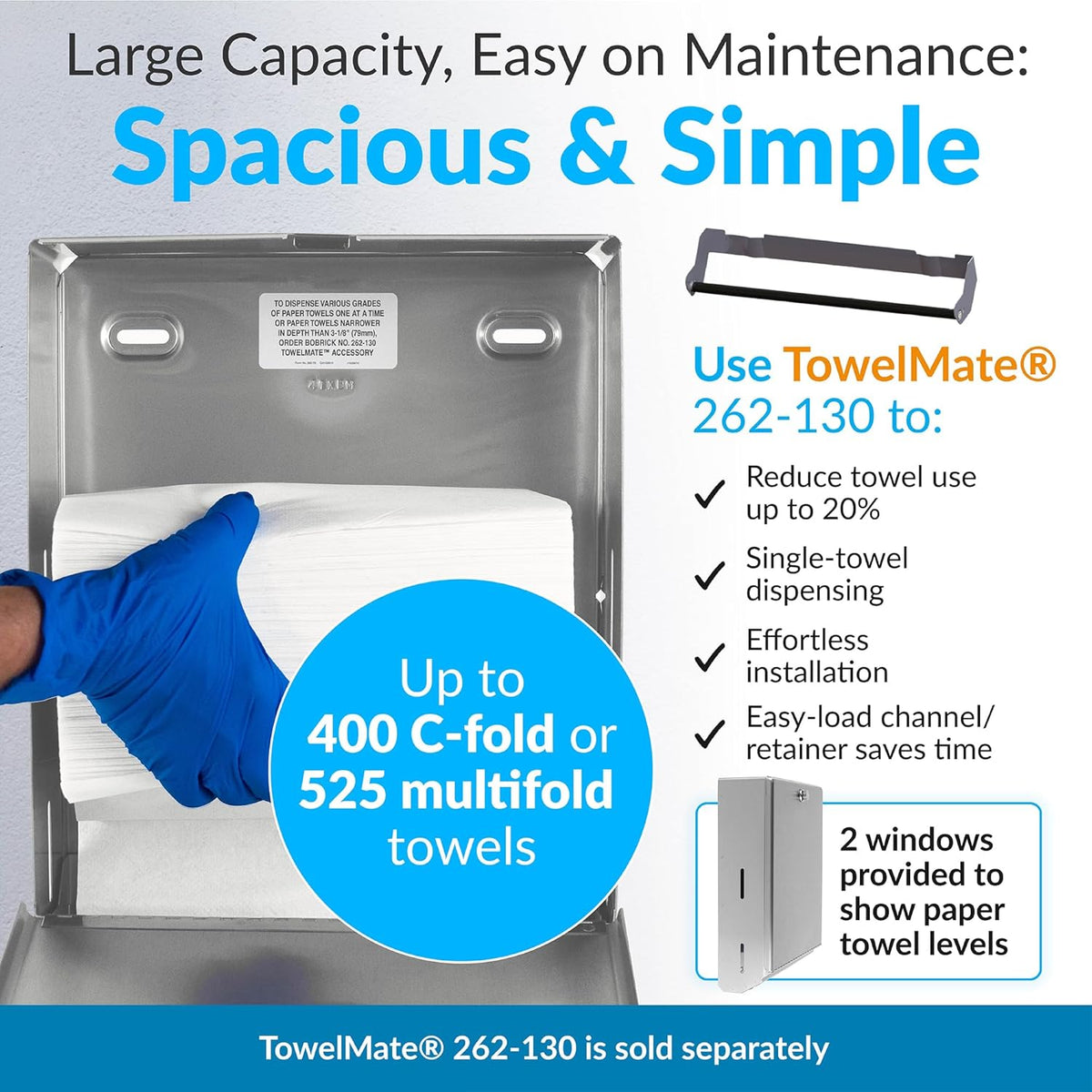Bobrick B-2620 Commercial Paper Towel Dispenser, Surface-Mounted, Stainless Steel