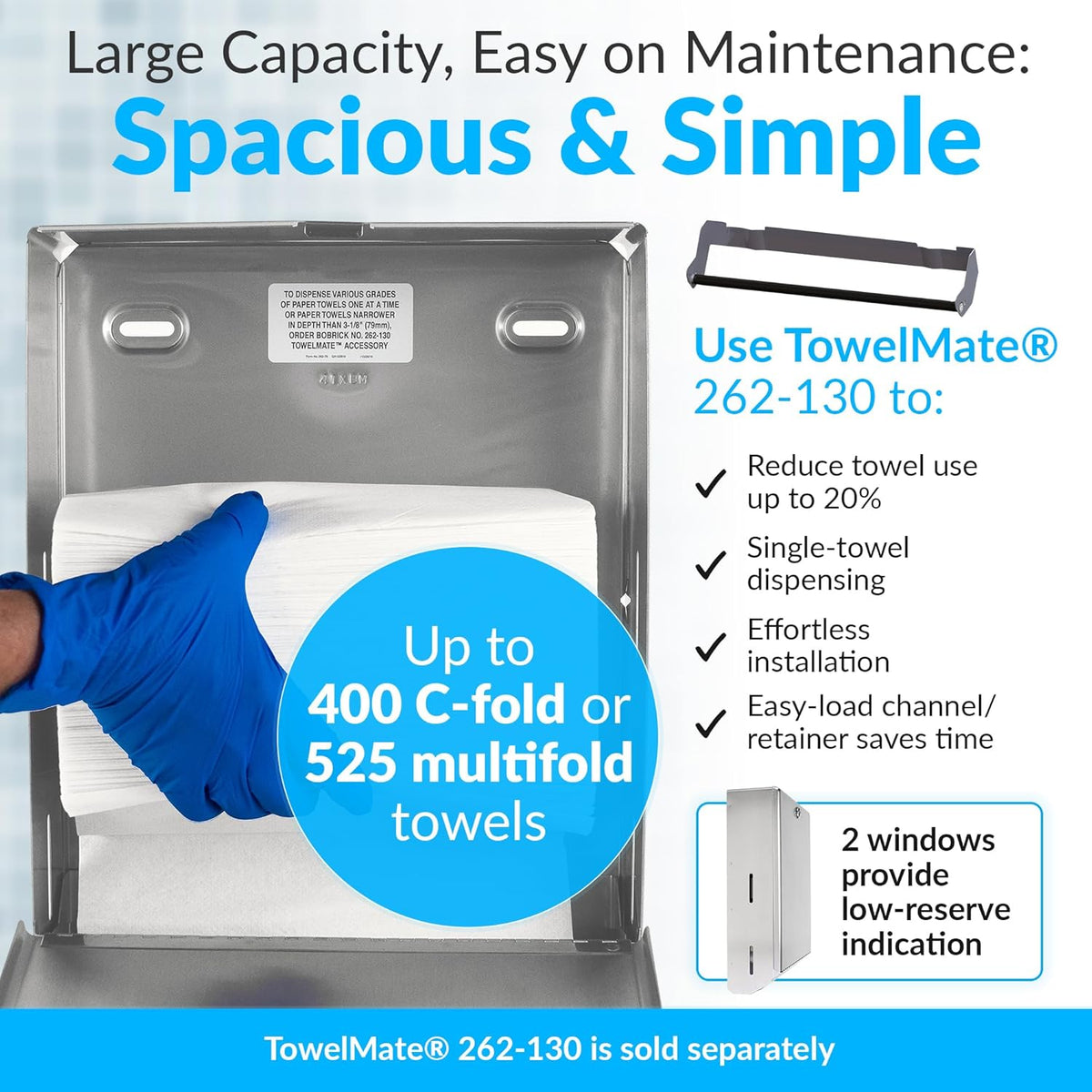 Bobrick B-262 Commercial Paper Towel Dispenser, Surface-Mounted, Stainless Steel