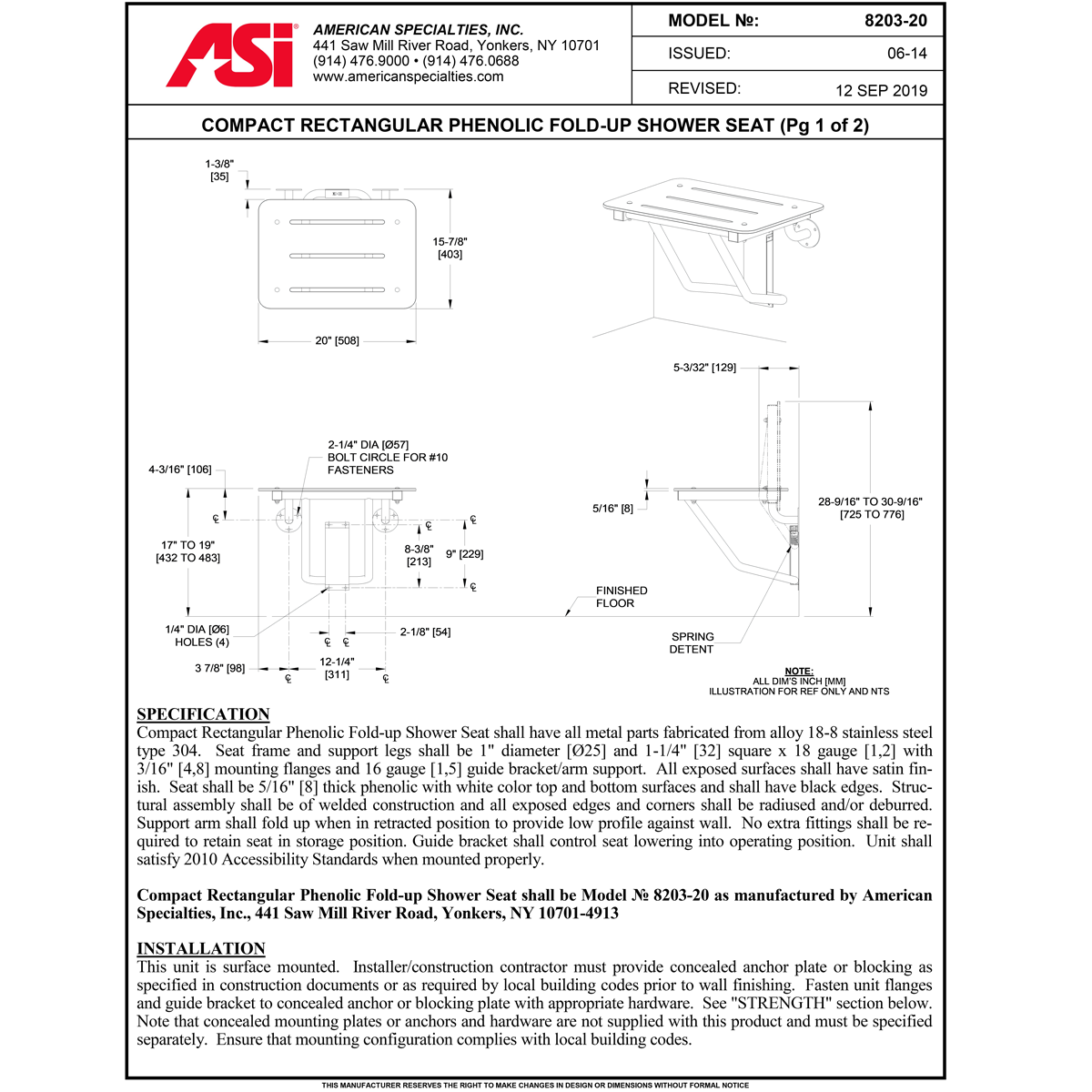 ASI 8203-20 Folding Shower Seat - Rectangular, ADA - Solid Phenolic, White - Compact 20"W