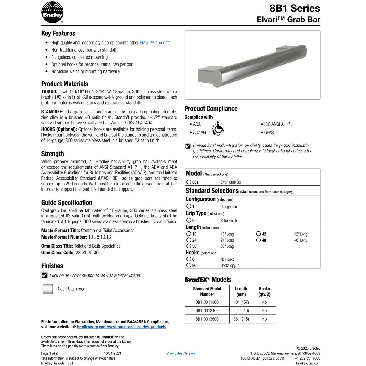 Bradley 42" Elvari Grab Bar, Oval, Smooth, Satin Stainless - 8B1-0014200
