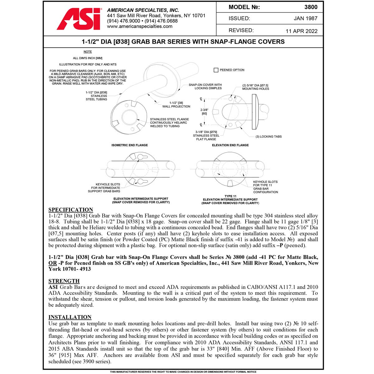 ASI 3801-16P Commercial Grab Bar, 1-1/2" Diameter x 16" Length, Stainless Steel (Peened)