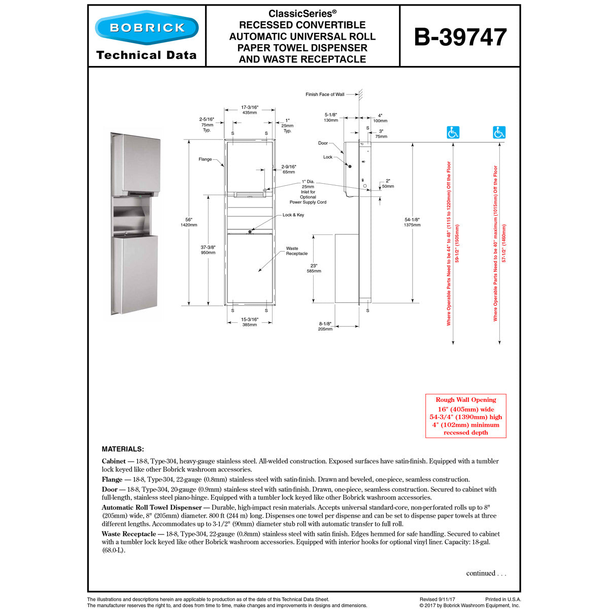 Bobrick B-39747 Automatic Combination Commercial Paper Towel Dispenser/Waste Receptacle, Recessed-Mounted, Stainless Steel