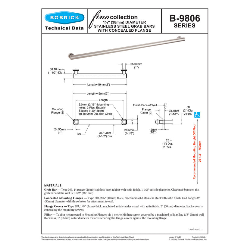 Bobrick B-9806x24 Fino Grab Bar 1-1/2", 24" Length