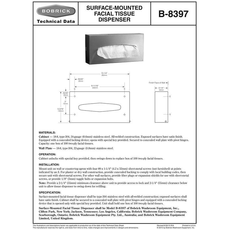 Bobrick B-8397 Commercial Facial Tissue Box Dispenser, 10-1/4" L x 5-3/16" H x 2-1/4" D, Surface-Mounted, Stainless Steel