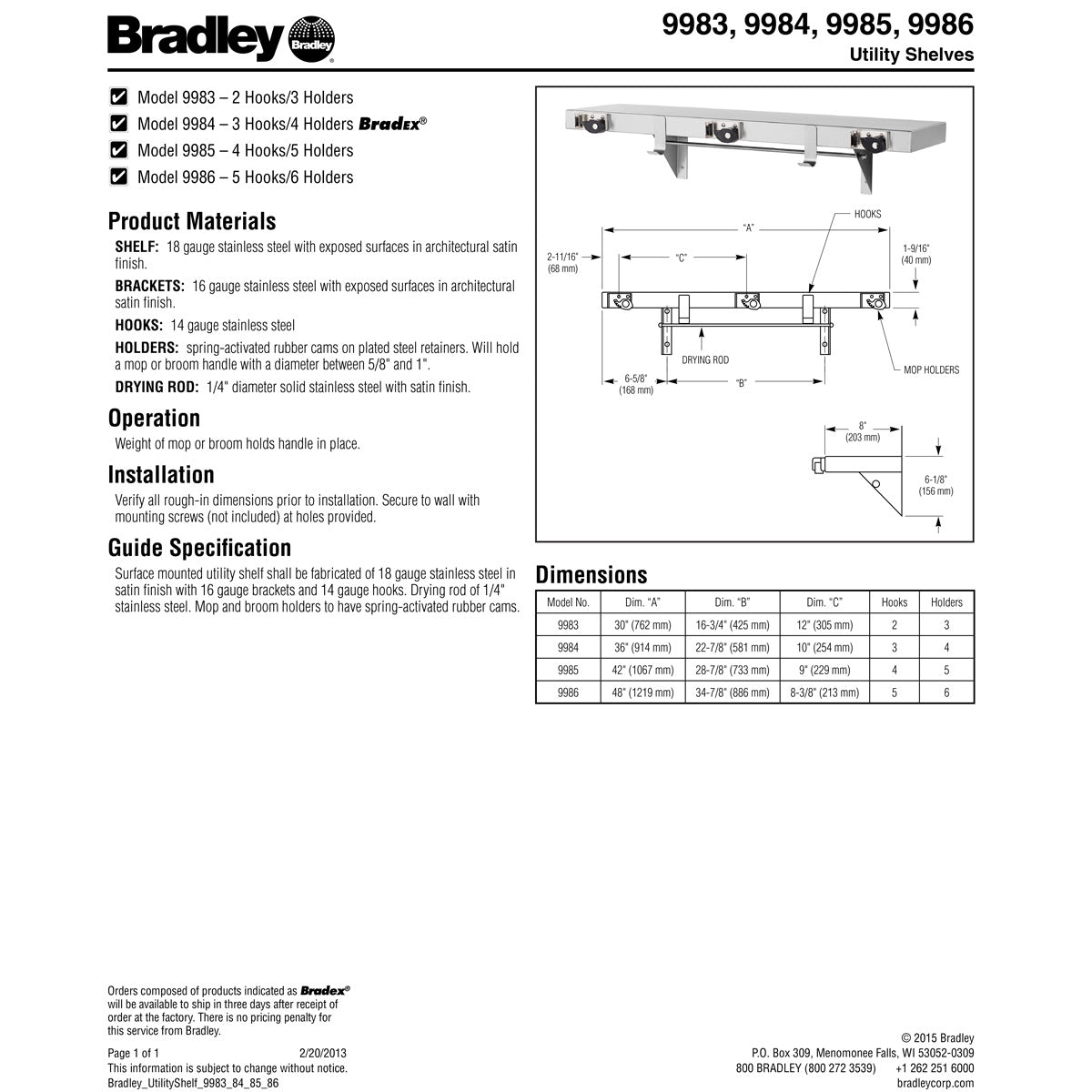 Bradley 9986-00 Mop & Broom Holder, Stainless Steel - 5 Hooks/6 Holders