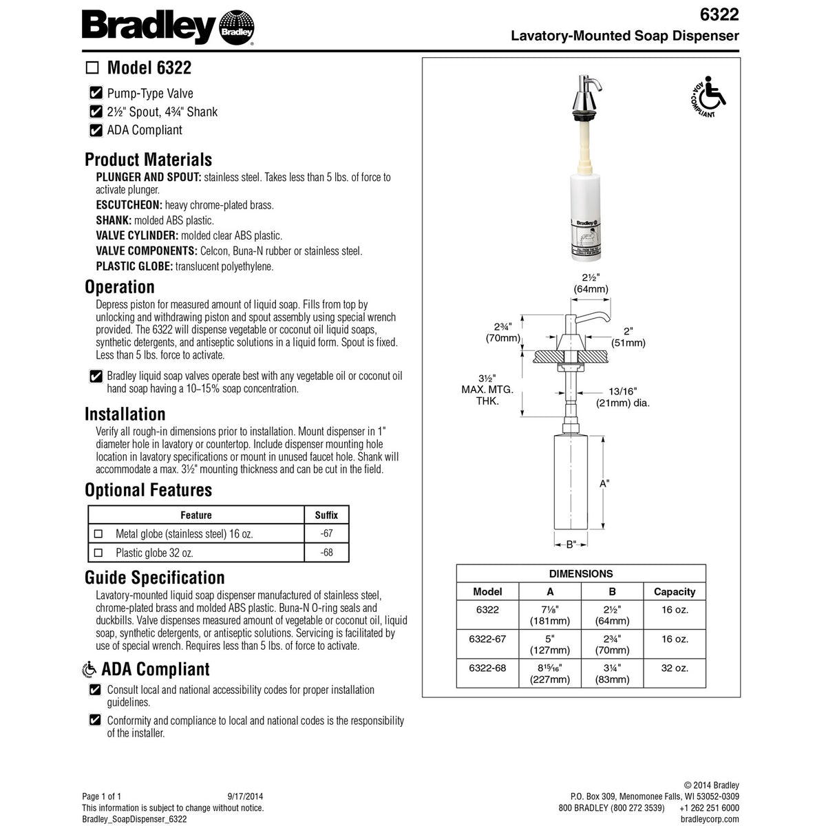 Bradley 6322-68 Commercial Liquid Soap Dispenser, Countertop Mounted, Manual-Push, Stainless Steel - 2.5" Spout, 32 oz