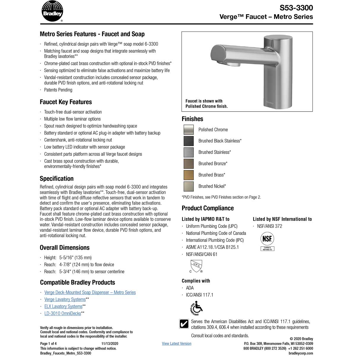Bradley (S53-3300) RL3-BR Touchless Counter Mounted Sensor Faucet, .35 GPM, Brushed Brass, Metro Series