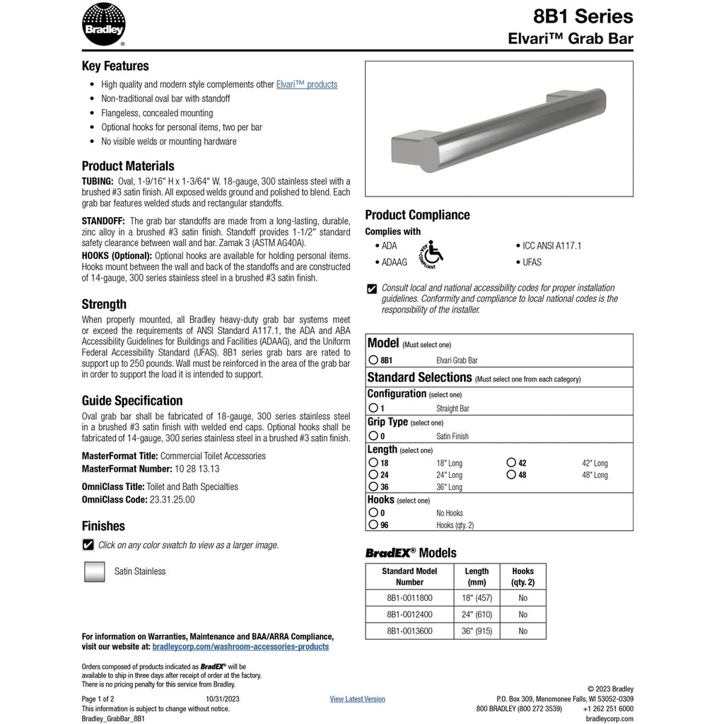 Bradley Elvari Series Grab Bar Oval, Stainless Satin, 18