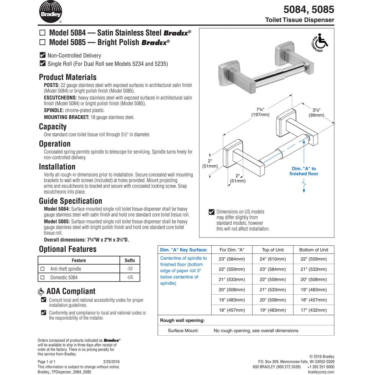 Bradley 5085-00 Commercial Toilet Paper Dispenser, Surface-Mounted, Stainless Steel w/ Bright-Polished Finish