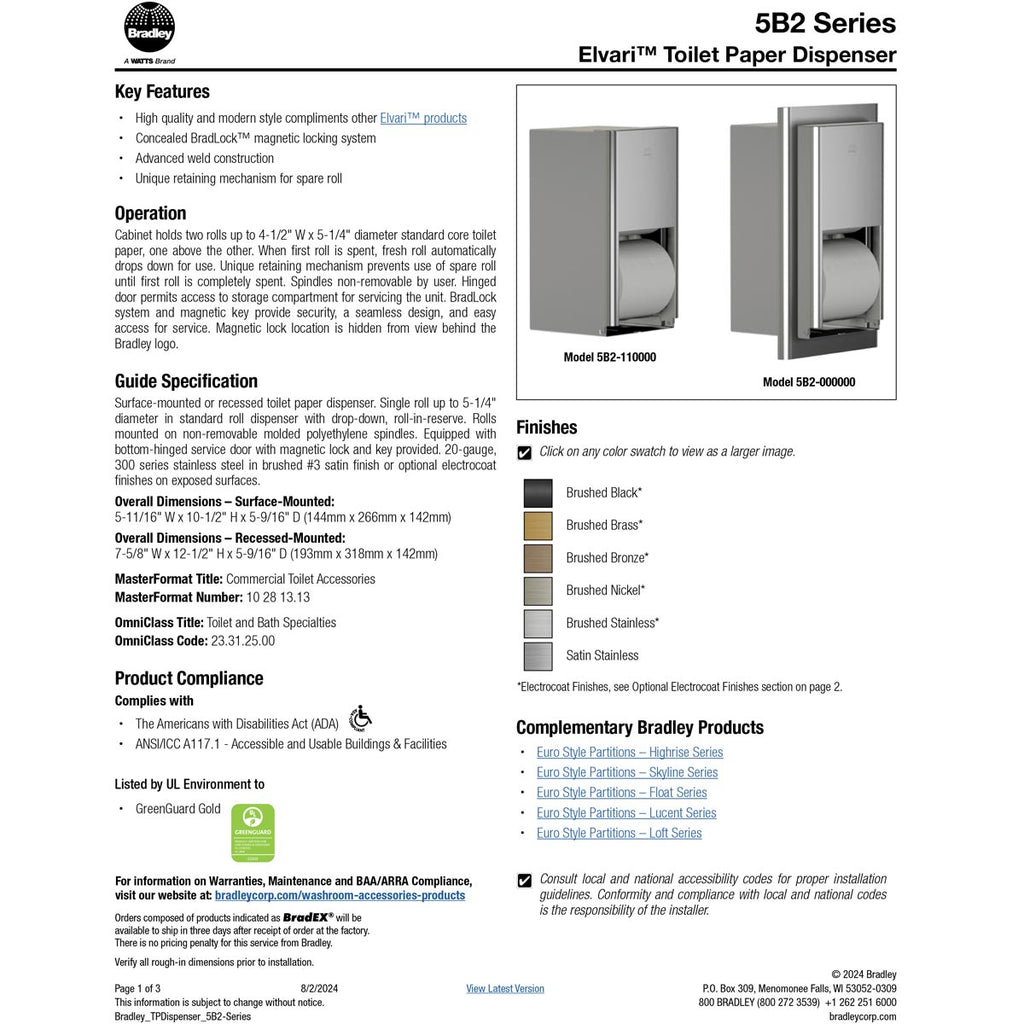 Bradley Elvari Series Toilet Tissue Dispenser - Recessed Mounted