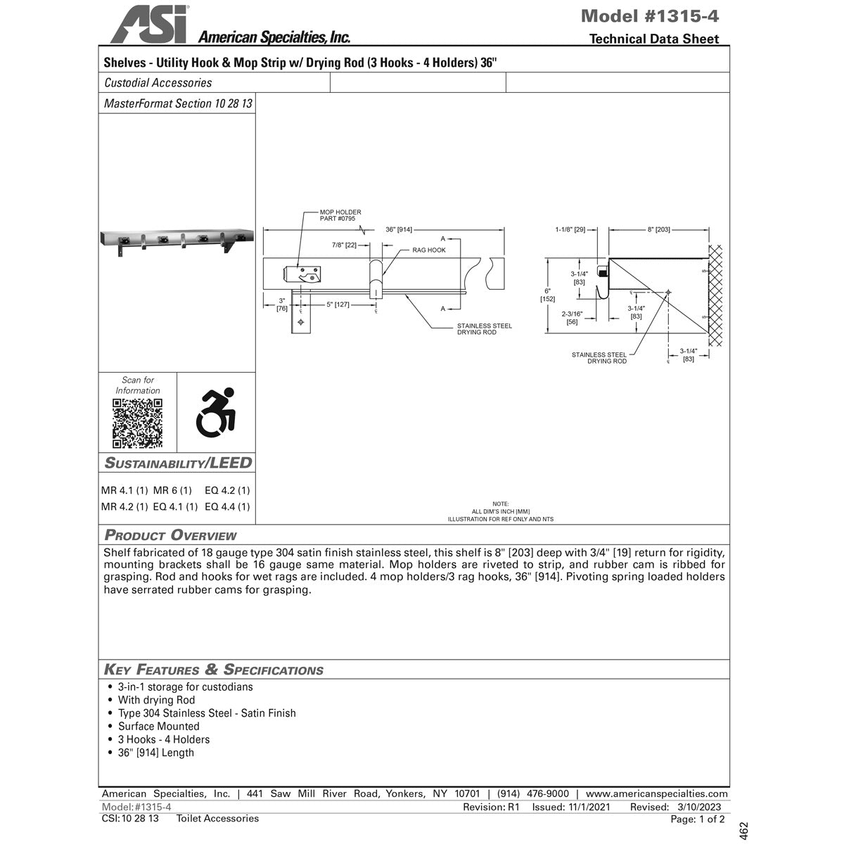 ASI 1315-4 Commercial Utility Mop/Rag Shelf w/ Drying Rod, 36" L x 2-1/2" H, Stainless Steel