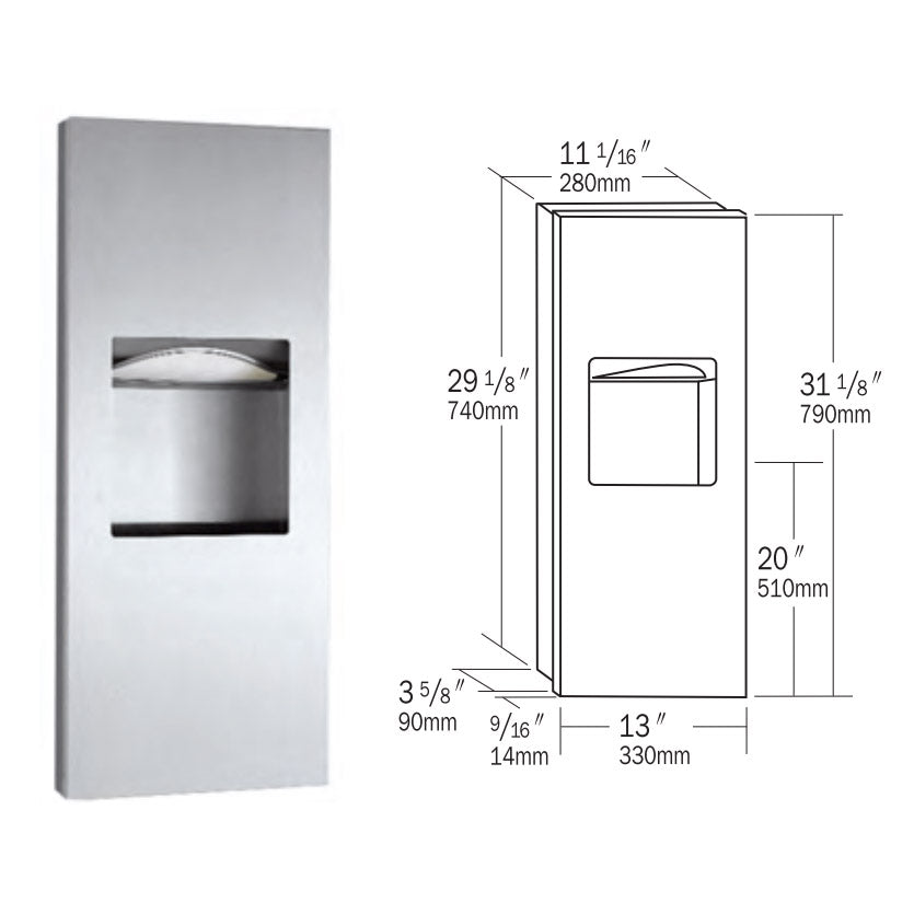 Bobrick B-36903 Combination Commercial Paper Towel Dispenser/Waste Receptacle, Recessed-Mounted, Stainless Steel