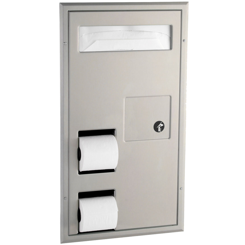 Bobrick B-3571 Combination Commercial Seat-Cover Dispenser/Toilet Paper Dispenser/Waste Receptacle, Partition-Mounted, Stainless Steel