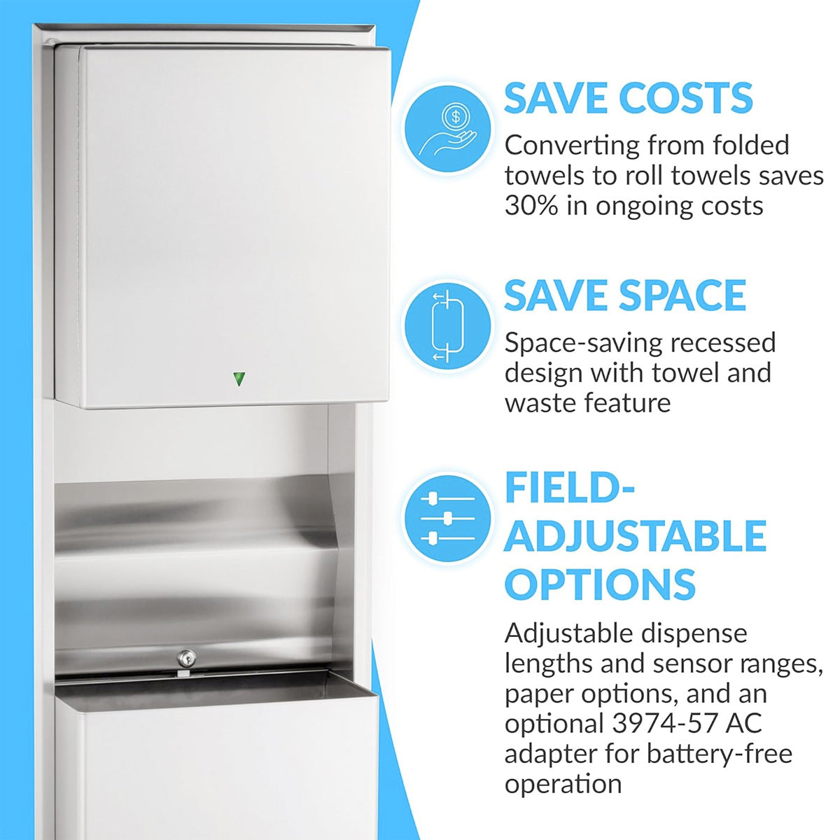 Bobrick B-3974 Automatic Combination Commercial Paper Towel Dispenser/Waste Receptacle, Recessed-Mounted, Stainless Steel