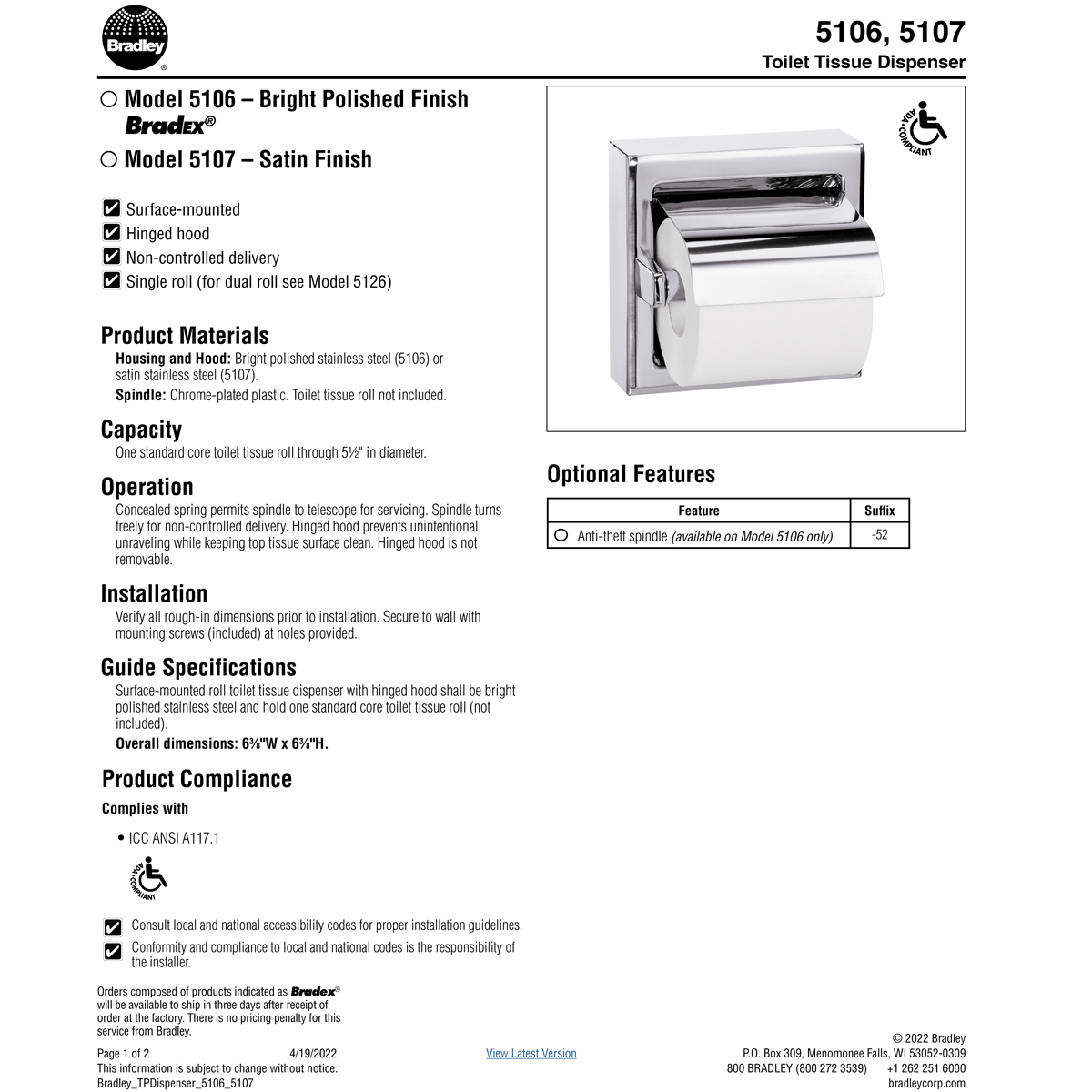 Bradley 5106-00 Commercial Toilet Paper Dispenser, Surface-Mounted, Stainless Steel w/ Bright-Polished Finish
