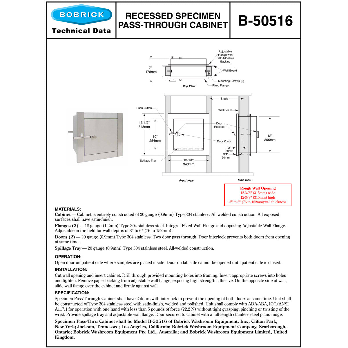 Bobrick B-50516 Recessed Heavy Duty Specimen Pass-Through Cabinet