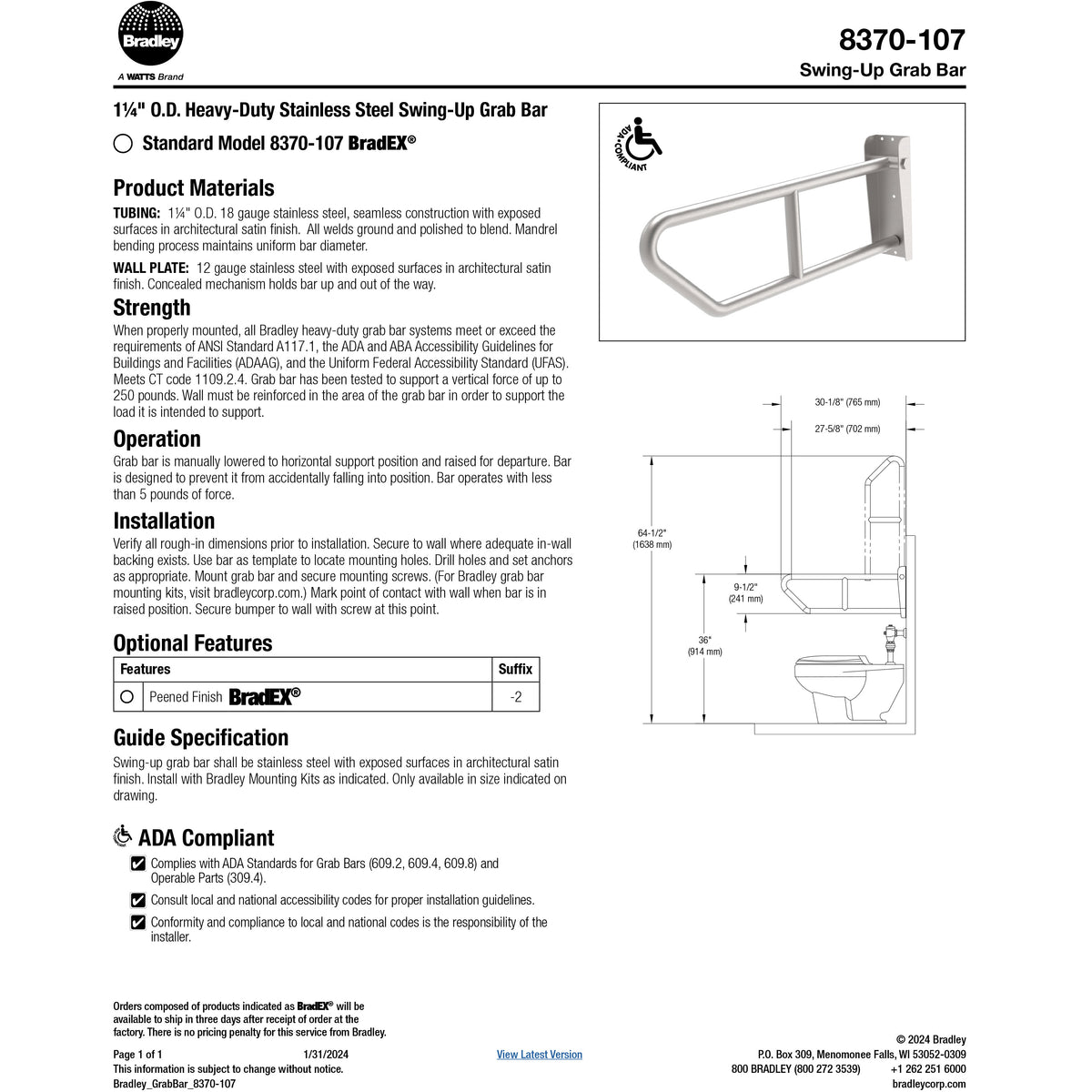 Bradley 8370-107000 BX-SWING UP GRAB BAR- 1-1/4" OD- 30" LONG- SATIN FINISH