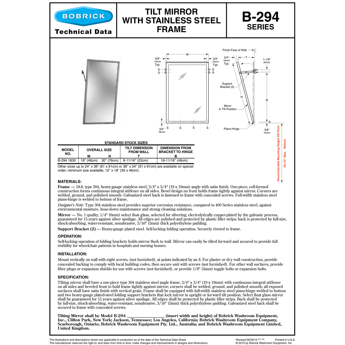 Bobrick B-294 1830 (18x30) Angle-Frame Two Position Tilt Mirror 18"W x 30"H