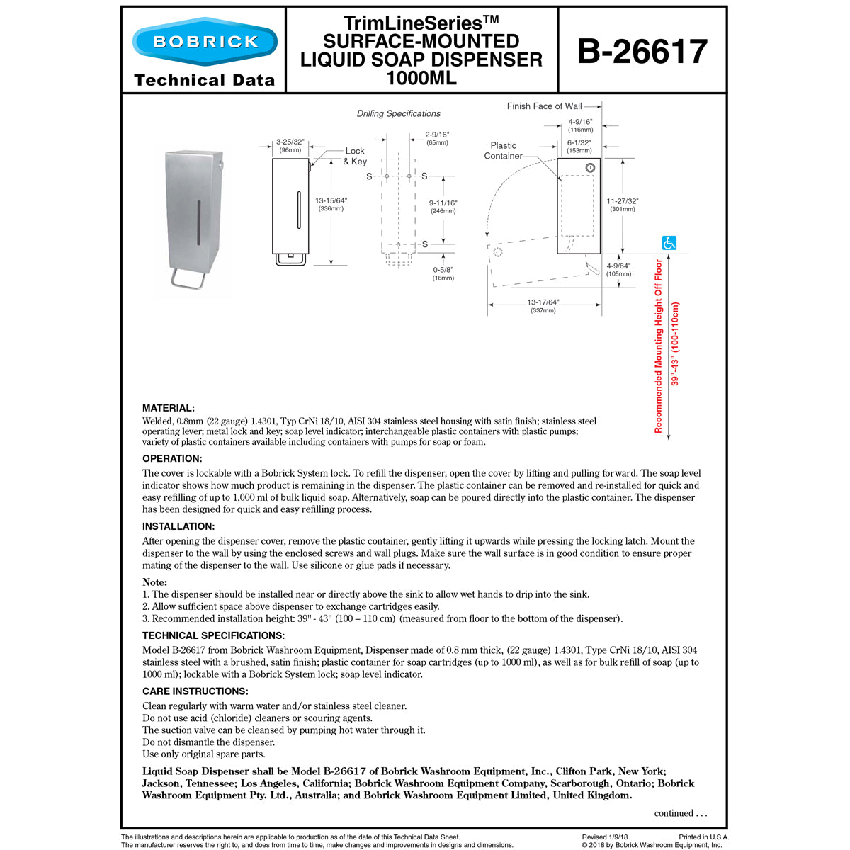 Bobrick B-26617 Surface-Mounted Liquid Soap Dispenser
