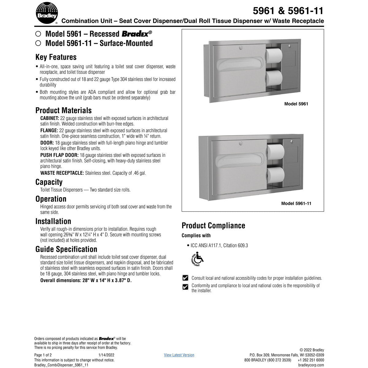 Bradley 5961-00 Horizontal Combi Unit-RH, Recessed, ADA Compliant