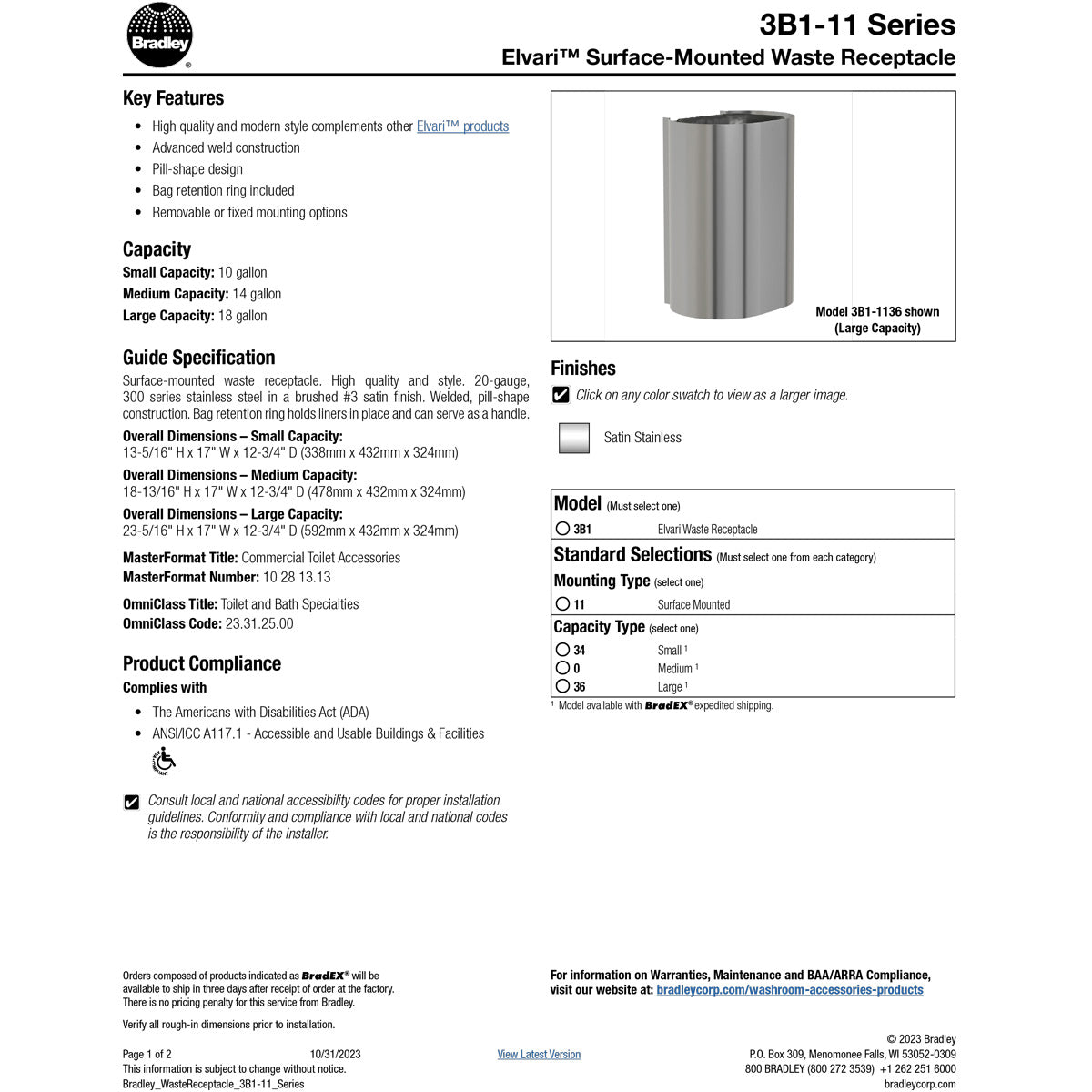 Bradley Elvari Series Waste Receptacles - Surface Mounted, Medium Capacity, 14 GAL - 3B1-110000
