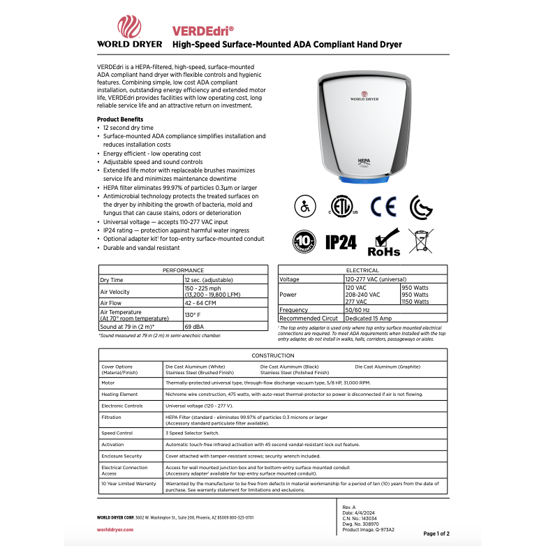 World Dryer VERDEdri Q-962A2 Surface-Mounted ADA Hand Dryer, Aluminum, Graphite, Automatic