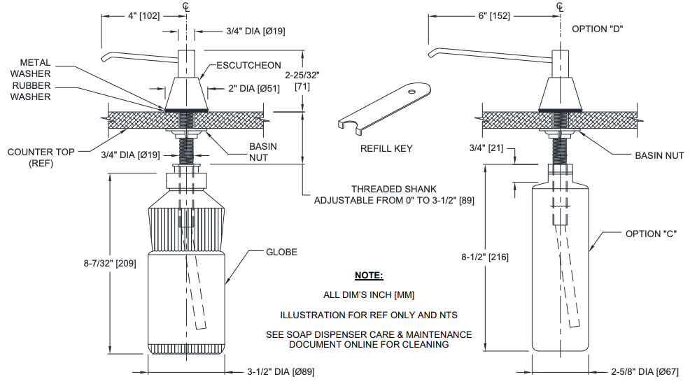 ASI 0332-CD Commercial Liquid Soap Dispenser, Countertop Mounted, Manual-Push, Stainless Steel - 6" Spout Length - 20 Oz